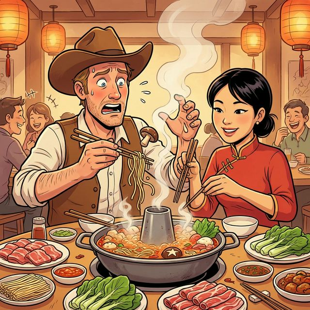 Foreigner struggling with chopsticks at hot pot