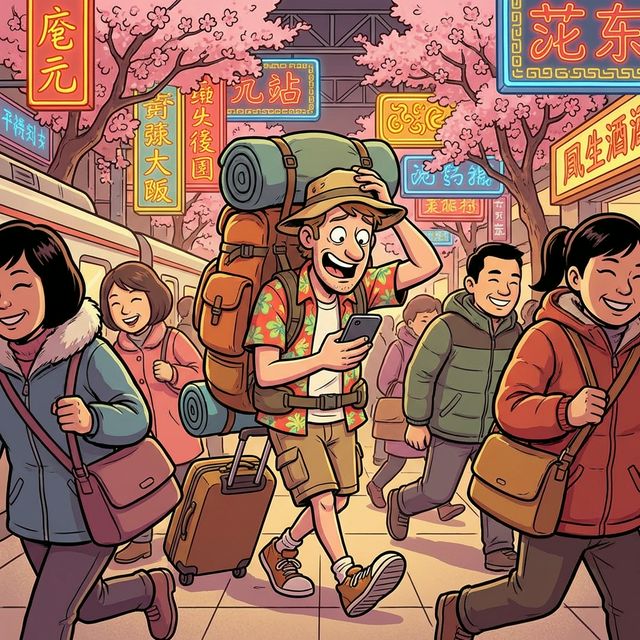 A foreigner arriving in China, looking excited and a bit confused