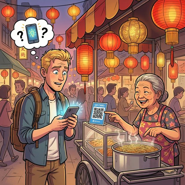 Foreigner using QR code to pay at food stall