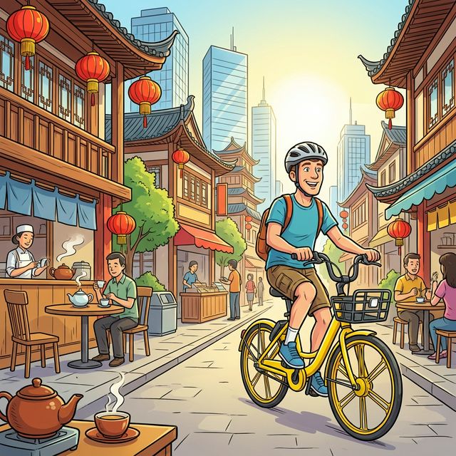 Foreigner riding shared bike in Chinese city